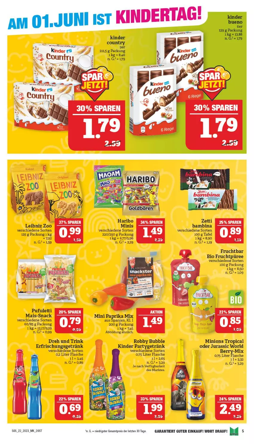 Aktueller Prospekt Marktkauf - Prospekt - von 27.05 bis 03.06.2023 - strona 5 - produkty: bio, eis, erfrischungsgetränk, flasche, frucht, getränk, gin, haribo, Jura, Kinder, leibniz, mais, paprika, paprika mix, püree, reis, robby, snack, Ti, ZTE