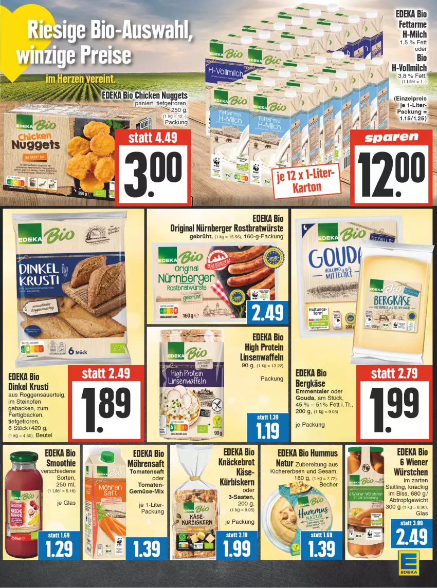 Aktueller Prospekt E Center - Angebote der Woche - von 25.09 bis 30.09.2023 - strona 11 - produkty: auer, Becher, Berger, Bergkäse, beutel, bio, brot, chicken nuggets, deka, edeka bio, eis, emmentaler, erbsen, geback, gin, gouda, hummus, Käse, kichererbsen, knäckebrot, Kürbis, linsen, mac, milch, möhren, natur, nuggets, nürnberger, Ofen, reis, saft, sesam, smoothie, steinofen, Ti, tomate, tomaten, Tomatensaft, vollmilch, waffeln, wiener, würstchen