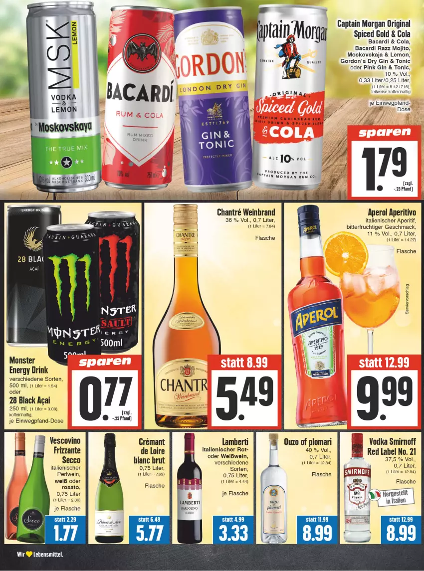 Aktueller Prospekt E Center - Angebote der Woche - von 25.09 bis 30.09.2023 - strona 18 - produkty: Amber, aperitif, aperol, bacardi, brut, Cap, captain morgan, cola, drink, dry gin, ecco, eis, energy drink, flasche, frizzante, frucht, gin, gordon, Gordon’s, lack, lebensmittel, mac, Mett, Mixer, mojito, monster, original spiced gold, ouzo, rosato, rum, smirnoff, Ti, tonic, vescovino, vodka, wein, weinbrand