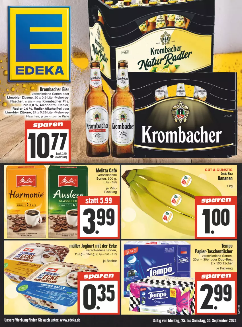 Aktueller Prospekt E Center - Angebote der Woche - von 25.09 bis 30.09.2023 - strona 3 - produkty: alkohol, banane, bananen, Becher, bier, deka, flasche, krombache, krombacher, krombacher pils, limo, Limobier, mac, melitta, papier, pils, radler, rwe, Tasche, taschen, taschentücher, Tempo, tücher, zitrone