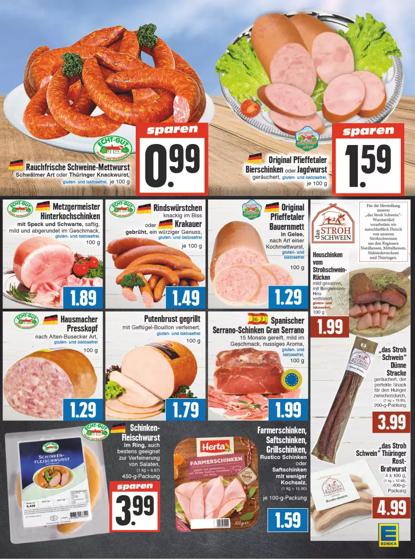 Aktueller Prospekt E Center - Angebote der Woche - von 25.09 bis 30.09.2023 - strona 5 - produkty: auer, Bau, Bauer, bier, bierschinken, bratwurst, eis, feta, fleisch, fleischwurst, Geflügel, gelee, Germ, gin, grill, Hausmacher, Heu, hinterkochschinken, jagdwurst, kochschinken, krakauer, mac, Meister, Mett, mettwurst, nuss, pute, putenbrust, rel, rind, ring, sac, saft, saftschinken, salat, salate, salz, schinken, schwein, schweine, serrano, snack, Speck, Ti, wein, weine, wurst, würstchen