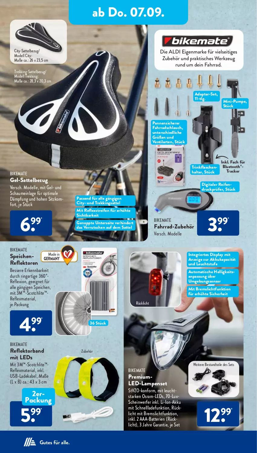 Aktueller Prospekt AldiSud - NÄCHSTE WOCHE - von 04.09 bis 09.09.2023 - strona 22 - produkty: AA-Batterien, AAA-Batterien, adapter, akku, aldi, auto, batterie, batterien, deka, dell, elle, Fahrrad, flasche, ladekabel, Lampe, leds, LG, li-ion-akku, Mode, Osram, passend für alle, reifen, Ria, ring, rücklicht, sattel, schlauch, schnellladefunktion, scotch, Ti, tisch, trinkflasche, usb, werkzeug