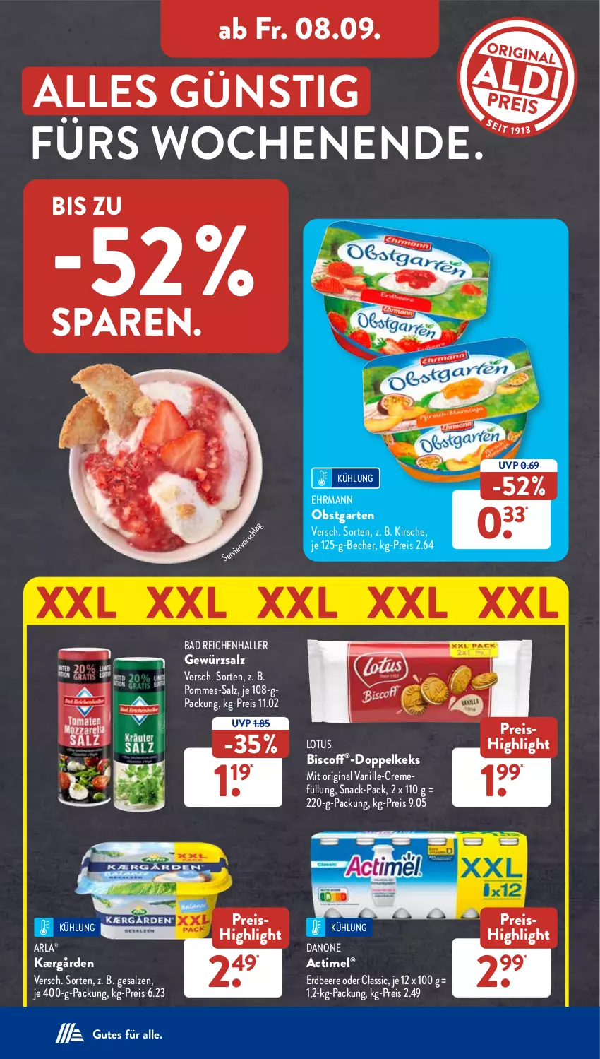 Aktueller Prospekt AldiSud - NÄCHSTE WOCHE - von 04.09 bis 09.09.2023 - strona 26 - produkty: actimel, arla, Bad, Becher, beere, biscoff, creme, danone, ehrmann, eis, erdbeere, Garten, gewürz, gewürzsalz, gin, Kærgården, keks, kirsch, kirsche, obst, obstgarten, pommes, reis, salz, snack, Ti, vanille