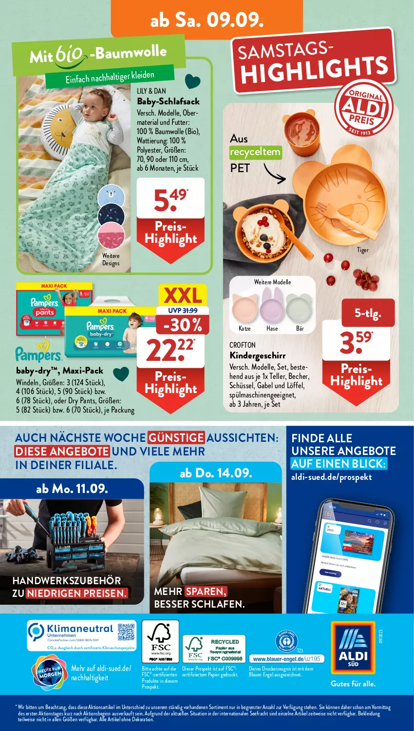 Aktueller Prospekt AldiSud - NÄCHSTE WOCHE - von 04.09 bis 09.09.2023 - strona 38 - produkty: aldi, alle artikel ohne dekoration, angebot, angebote, baby-dry, Bau, baumwolle, Becher, bio, Crofton, dekoration, dell, drucker, eis, elle, Engel, gabel, geschirr, gin, kerze, Kinder, kleid, Kleidung, LG, Löffel, Mode, Pants, papier, reis, Ria, sac, schlafsack, schüssel, spülmaschinen, teller, Ti, windeln, wolle, ZTE