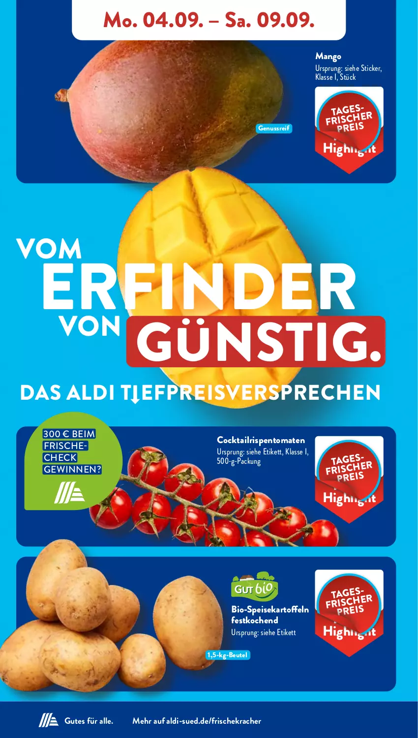 Aktueller Prospekt AldiSud - NÄCHSTE WOCHE - von 04.09 bis 09.09.2023 - strona 4 - produkty: aldi, beutel, bio, cocktail, eis, kartoffel, kartoffeln, kracher, mango, nuss, reis, rispentomaten, speisekartoffeln, Ti, tomate, tomaten