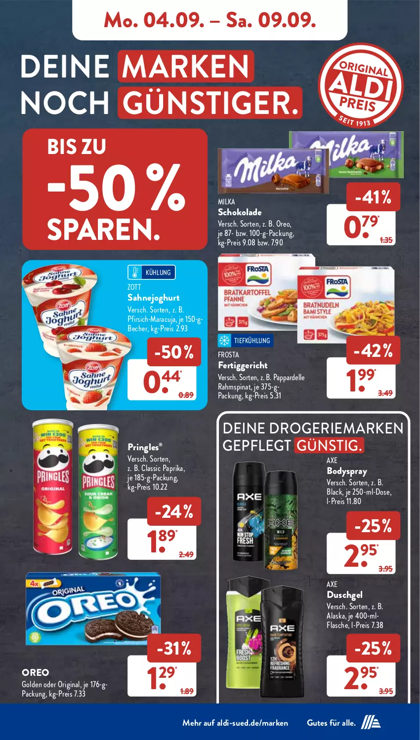 Aktueller Prospekt AldiSud - NÄCHSTE WOCHE - von 04.09 bis 09.09.2023 - strona 7 - produkty: aldi, axe, axe duschgel, Becher, body, bodyspray, dell, duschgel, eis, elle, fertiggericht, flasche, frosta, gin, joghur, joghurt, lack, maracuja, milka, milka schokolade, oreo, paprika, pfirsich, pringles, reis, ring, sahne, Sahnejoghurt, schoko, schokolade, spinat, Ti, zott