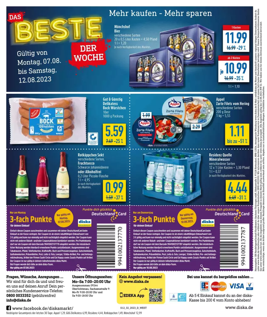 Aktueller Prospekt Diska - Prospekte - von 07.08 bis 12.08.2023 - strona 12 - produkty: alkohol, Alwa, angebot, angebote, beere, buch, coupon, deka, deutschland card, ecco, eis, elle, ente, erde, filet, filets, flasche, frucht, fruchtsecco, guthabenkarte, gutschein, hering, johannisbeere, kraft, mineralwasser, mönchshof, reis, ring, rotkäppchen, sekt, Tchibo, tee, telefon, Ti, uhr, wasser, ZTE