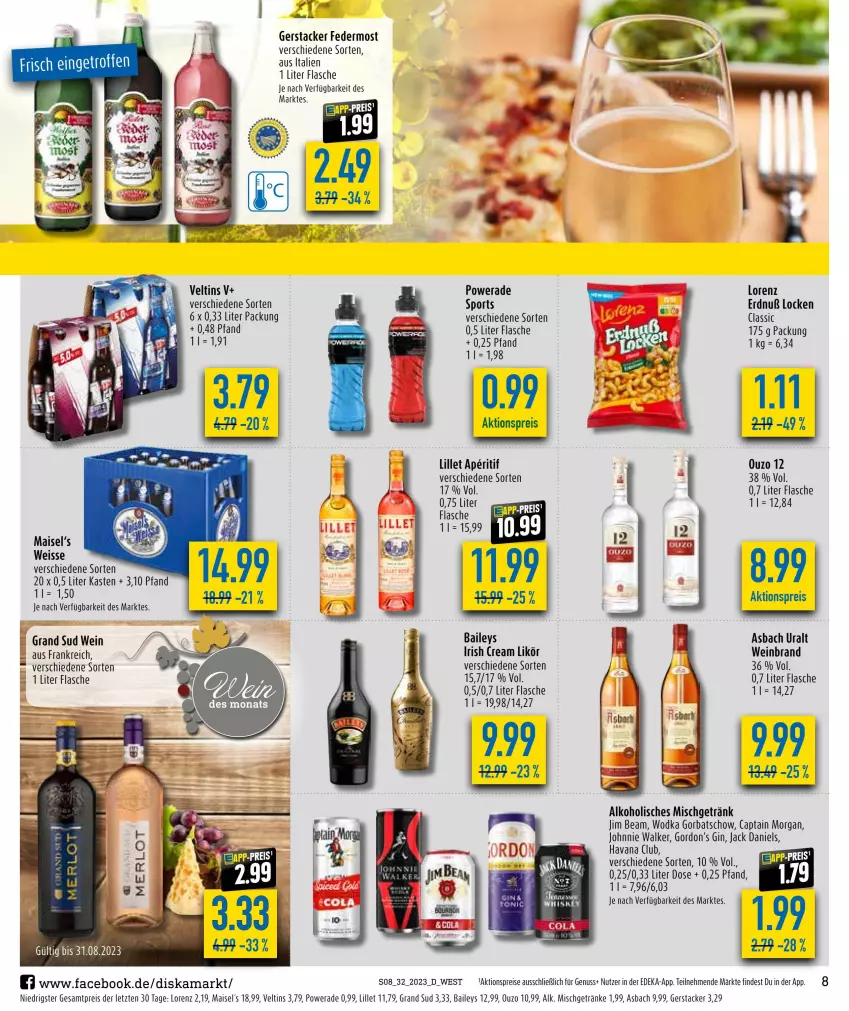 Aktueller Prospekt Diska - Prospekte - von 07.08 bis 12.08.2023 - strona 8 - produkty: aktionspreis, alkohol, aperitif, asbach uralt, baileys, Cap, captain morgan, deka, eis, flasche, getränk, getränke, gin, Gorbatschow, gordon, Gordon’s, grand sud, Havana Club, irish cream, jack daniel, jack daniels, jim beam, johnnie walker, likör, lillet, lorenz, mais, nuss, ouzo, ouzo 12, reis, Sport, Ti, veltins, wein, weinbrand, wodka, ZTE