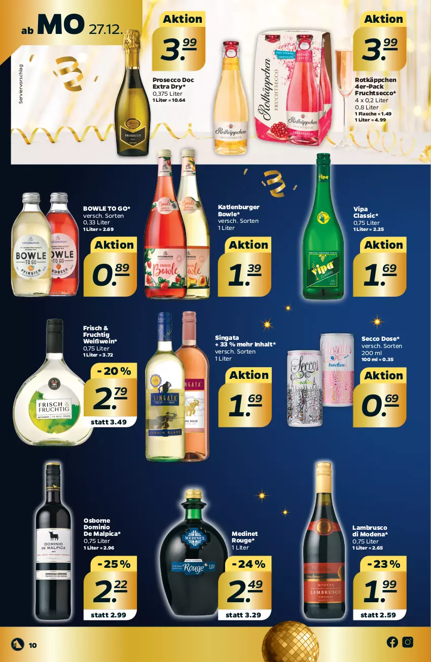 Aktueller Prospekt Netto - Angebote ab Montag - von 27.12 bis 31.12.2021 - strona 10 - produkty: bowle, burger, ecco, flasche, frucht, fruchtsecco, katlenburger, Lambrusco, medinet, Mode, osborne, prosecco, rotkäppchen, rouge, Ti, wein, Weißwein