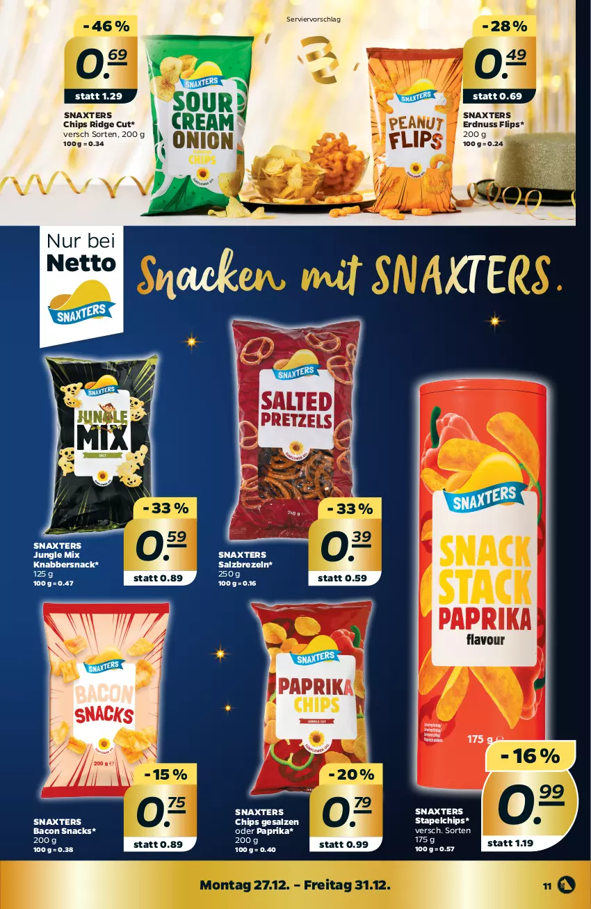 Aktueller Prospekt Netto - Angebote ab Montag - von 27.12 bis 31.12.2021 - strona 11 - produkty: bacon, brezel, Brezeln, chips, erdnuss, KnabberSnack, nuss, paprika, salz, snack, snacks