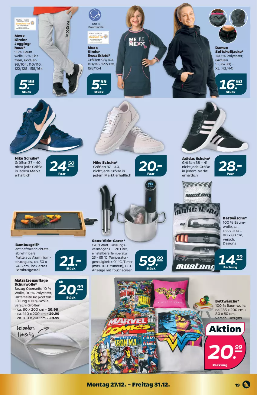 Aktueller Prospekt Netto - Angebote ab Montag - von 27.12 bis 31.12.2021 - strona 19 - produkty: Adidas, bambus, Bau, baumwolle, bett, bettwäsche, gin, grill, hose, Jacke, Jogginghose, Kinder, Kinder Jogginghose, kleid, lack, latte, matratze, matratzen, matratzenauflage, Mexx, Nike, schuhe, Sweatkleid, Ti, timer, touchscreen, wolle