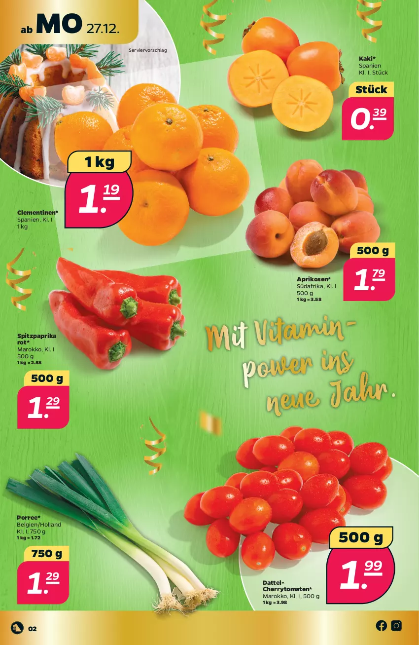 Aktueller Prospekt Netto - Angebote ab Montag - von 27.12 bis 31.12.2021 - strona 2 - produkty: aprikose, aprikosen, cherrytomaten, clementinen, Kaki, LG, paprika, paprika rot, Spitzpaprika, Ti, tomate, tomaten