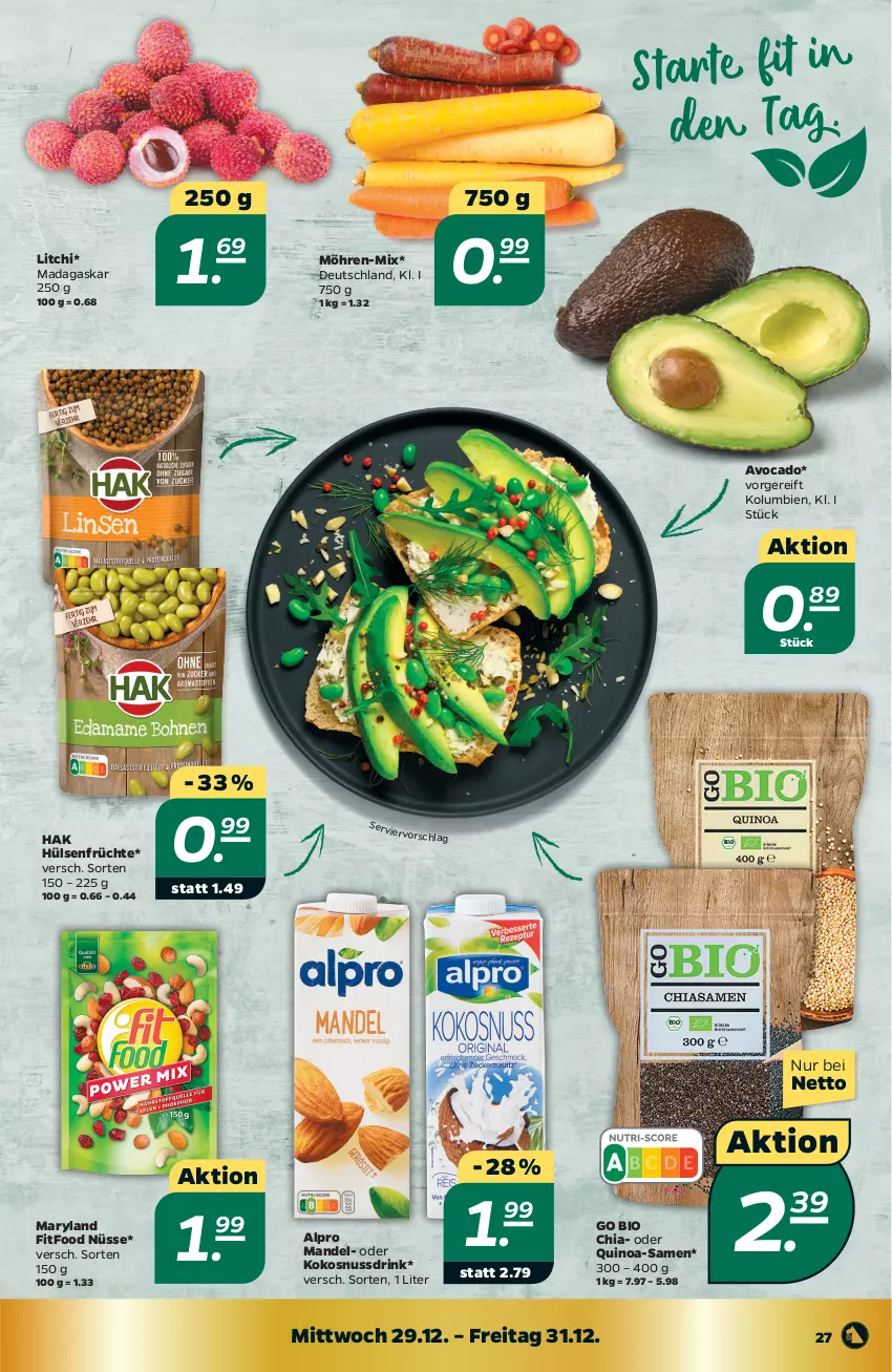 Aktueller Prospekt Netto - Angebote ab Montag - von 27.12 bis 31.12.2021 - strona 27 - produkty: alpro, avocado, bio, chia, drink, früchte, hülsenfrüchte, kokos, kokosnuss, Kokosnussdrink, mandel, möhren, nuss, Nussdrink, quinoa, senf, ssd, Ti