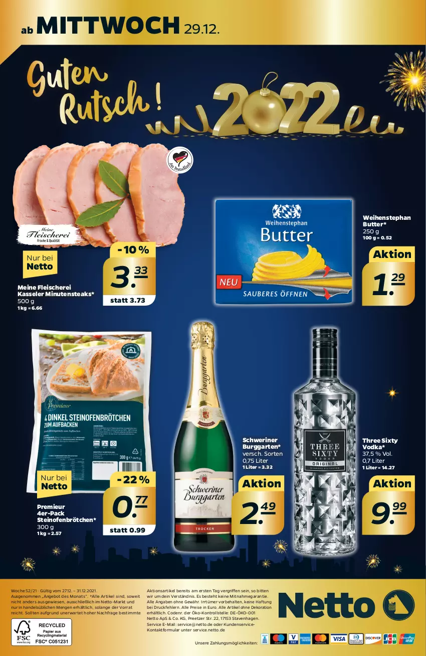 Aktueller Prospekt Netto - Angebote ab Montag - von 27.12 bis 31.12.2021 - strona 28 - produkty: alle artikel ohne dekoration, angebot, brötchen, butter, dekoration, eis, elle, fleisch, Fleischerei, Garten, kasseler, minutensteaks, Ofen, reis, Schere, steak, steaks, steinofen, Three Sixty, Ti, vodka, weihenstephan