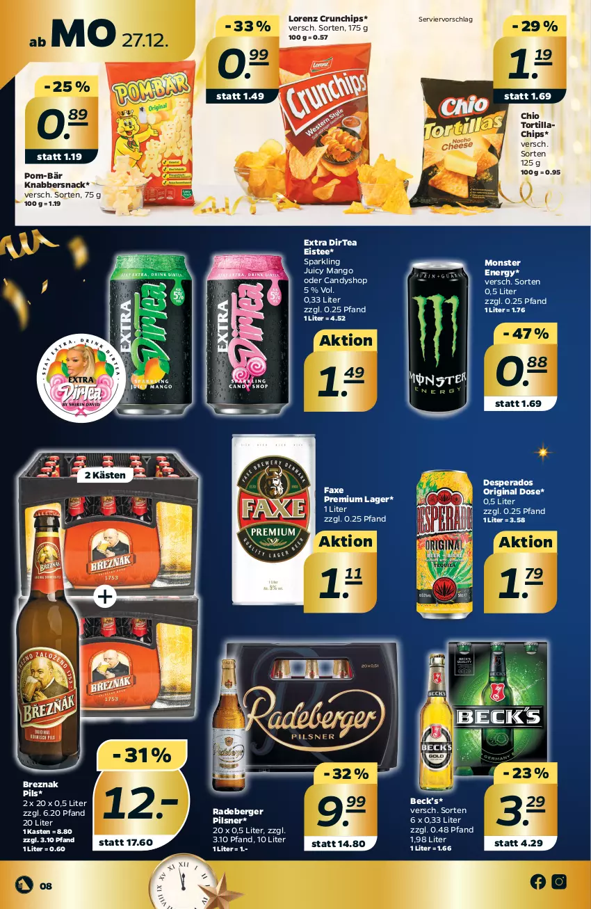 Aktueller Prospekt Netto - Angebote ab Montag - von 27.12 bis 31.12.2021 - strona 8 - produkty: axe, Berger, chips, crunchips, desperados, eis, eistee, gin, KnabberSnack, lorenz, lorenz crunchips, mango, monster, Monster Energy, pils, pilsner, pom-bär, radeberger, radeberger pilsner, snack, tee, Ti, tortilla