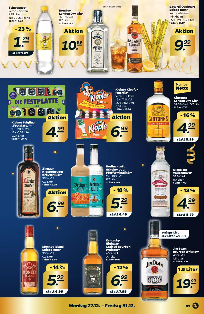 Aktueller Prospekt Netto - Angebote ab Montag - von 27.12 bis 31.12.2021 - strona 9 - produkty: bacardi, berliner, berliner luft, bourbon, bourbon whiskey, dry gin, festplatte, gin, jim beam, kleiner feigling, kleiner klopfer, korn, kräuter, kräuterlikör, latte, leine, likör, london dry, london dry gin, oakheart, oldesloer, pfeffer, pfefferminzlikör, rum, schoko, schweppes, Ti, tuc, weizenkorn, whiskey