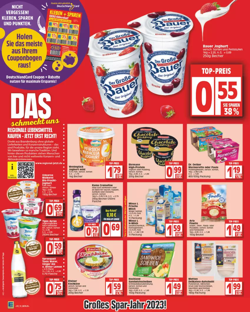 Aktueller Prospekt Edeka - Angebote der Woche - von 09.01 bis 14.01.2023 - strona 10 - produkty: arla, aufschnitt, Becher, beutel, coupon, creme, deka, dell, dessert, desserts, deutschlandcard, Dr. Oetker, ehrmann, eis, elle, finello, flasche, hochland, joghur, joghurt, joghurt mild, Käse, kochschinken, marmorette, Mett, metten, milch, Ofen, pasta, Paula, paula pudding, pizza, pudding, pute, putenbrust, rama, rama cremefine, rel, sandwich, sauce, saucen, schinken, Schmelzkäse, schnitten, suppe, suppen, Ti