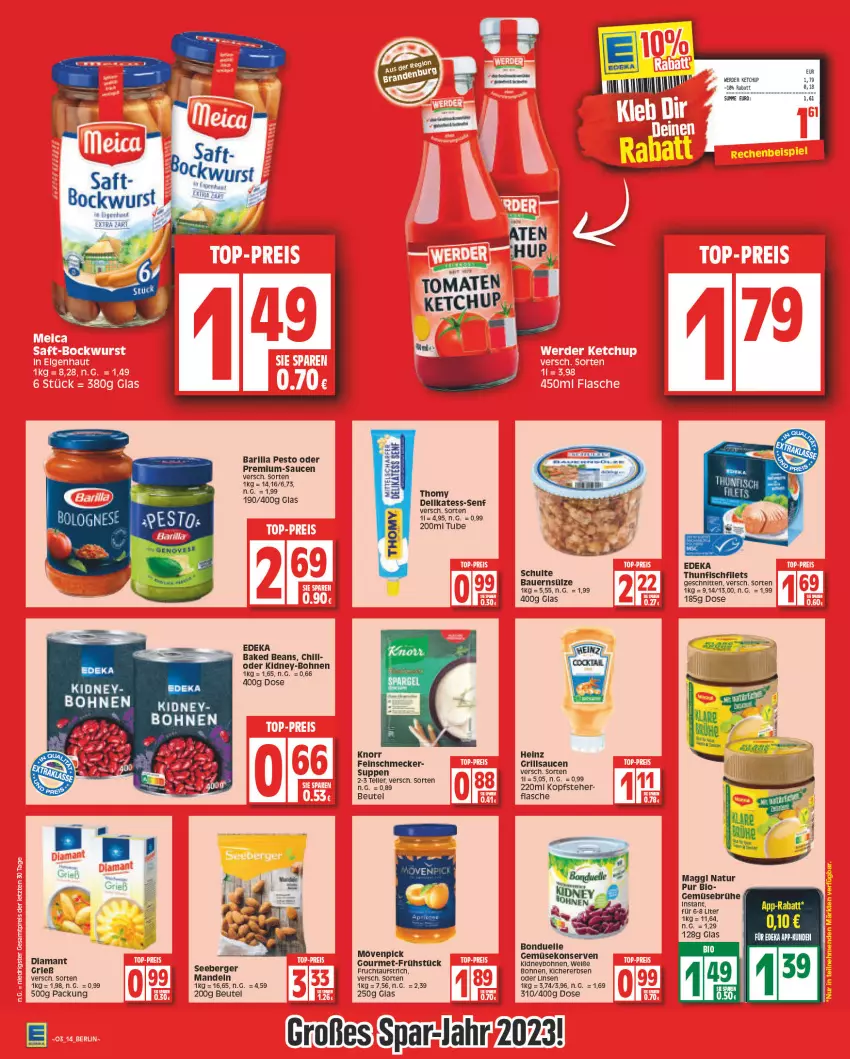 Aktueller Prospekt Edeka - Angebote der Woche - von 09.01 bis 14.01.2023 - strona 14 - produkty: auer, aufstrich, barilla, Bau, Bauer, Berger, beutel, bio, bockwurst, bohne, bohnen, bonduelle, Brühe, deka, elle, erbsen, erde, feinschmecker, filet, filets, fisch, flasche, frucht, fruchtaufstrich, Gemüsebrühe, Gemüsekonserve, grill, grillsauce, heinz, ketchup, kichererbsen, kidney, knorr, Konserven, linsen, maggi, mandel, mandeln, mövenpick, natur, pesto, saft, sauce, saucen, schnitten, seeberger, senf, suppe, suppen, teller, thomy, thunfisch, wurst