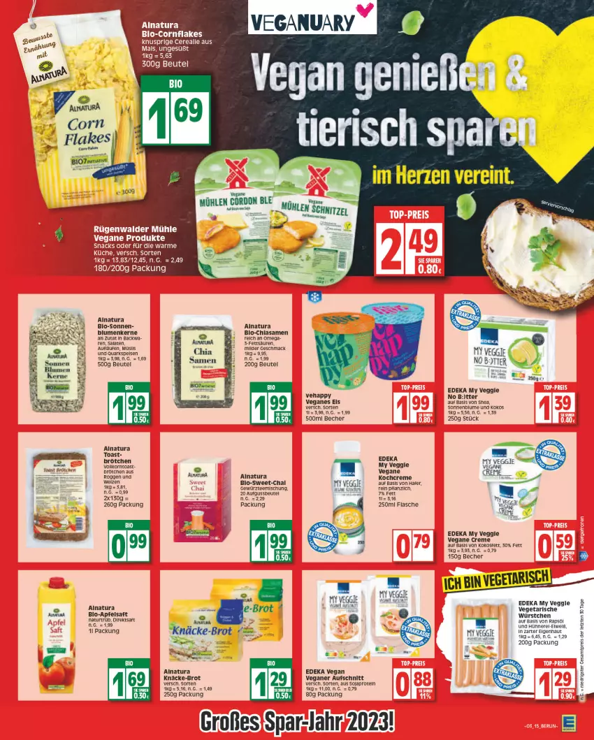 Aktueller Prospekt Edeka - Angebote der Woche - von 09.01 bis 14.01.2023 - strona 15 - produkty: apfel, apfelsaft, aufschnitt, Becher, beutel, bio, blume, blumen, brot, brötchen, chia, chia samen, creme, deka, direktsaft, eis, flasche, gewürz, hafer, hühner, Kochcreme, kokos, Kokosfett, korn, LG, mac, müsli, natur, natura, omega, quark, rapsöl, reis, rel, rum, saft, salat, salate, soja, sonnenblume, tee, toast, Veganes Eis, Vegeta, veggie, ZTE