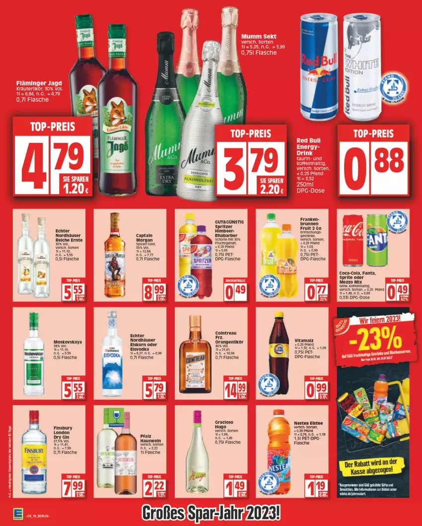 Aktueller Prospekt Edeka - Angebote der Woche - von 09.01 bis 14.01.2023 - strona 18 - produkty: brunnen, Cap, coca-cola, cola, dry gin, eis, eistee, fanta, finsbury, flasche, frucht, getränk, getränke, gin, gracioso, himbeer, hugo, korn, london dry, london dry gin, malz, Mezzo Mix, moskovskaya, Nestea, rhabarber, säfte, smoothie, smoothies, sprite, tee, Ti, vita, vitamalz, vodka, wein