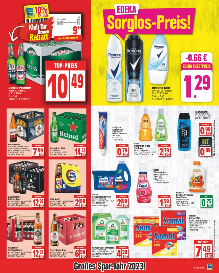 Aktueller Prospekt Edeka - Angebote der Woche - von 09.01 bis 14.01.2023 - strona 19 - produkty: arla, beck's, beutel, bier, bügel, bügelflasche, colgate, Coral, creme, deo, duschgel, eis, Erdbär, fa duschgel, feinwaschmittel, flasche, freche freunde, Frosch, geschirr, Guhl, hasseröder, Hefe, heineken, henkel, LG, malz, natur, Paula, paulaner, pils, pilsener, püree, radler, reis, rel, rexona, shampoo, somat, spülmaschinen, spülung, Sternburg, Ti, vita, vitamalz, waschmittel, weichspüler, zahncreme, ZTE