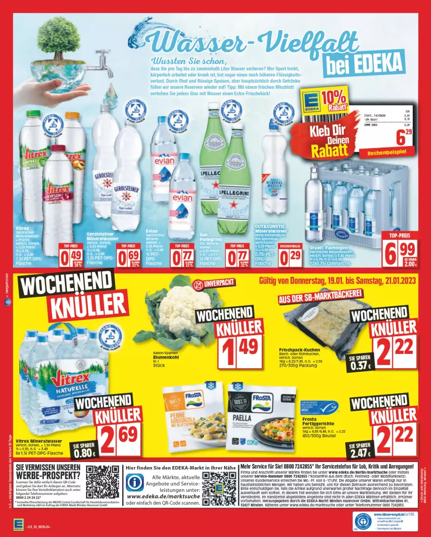 Aktueller Prospekt Edeka - Angebote der Woche - von 09.01 bis 14.01.2023 - strona 20 - produkty: Alwa, angebot, angebote, auer, beutel, blume, blumen, blumenkohl, deka, eis, elle, Engel, fertiggericht, fertiggerichte, flasche, frosta, getränk, getränke, glasflasche, HP, kuchen, LG, Liege, mineralwasser, natürliches mineralwasser, obst, papier, rel, rwe, Sport, Staatl. Fachingen, telefon, Ti, uhr, vitrex, wasser