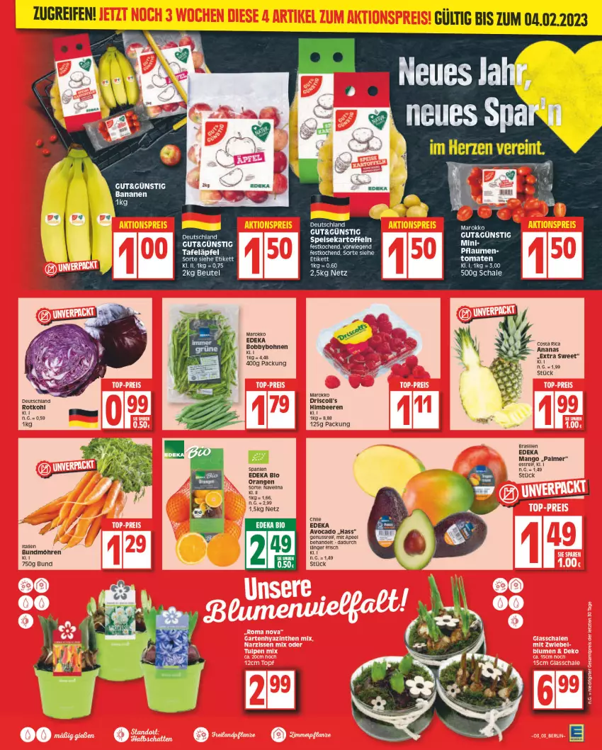 Aktueller Prospekt Edeka - Angebote der Woche - von 09.01 bis 14.01.2023 - strona 3 - produkty: avocado, banane, bananen, beere, beeren, beutel, bio, bohne, bohnen, Bundmöhren, deka, edeka bio, eis, himbeer, himbeere, himbeeren, kartoffel, kartoffeln, mango, möhren, nuss, orange, orangen, pflaume, pflaumen, reifen, rel, rotkohl, Schal, Schale, speisekartoffeln, Ti, tomate, tomaten