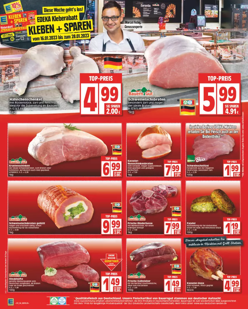 Aktueller Prospekt Edeka - Angebote der Woche - von 09.01 bis 14.01.2023 - strona 4 - produkty: axe, berliner, bio, braten, eintopf, eis, Falafel, fleisch, Haxe, jungbullen, kasseler, kleber, küche, Küchen, lachs, Lachsbraten, nuss, rel, saft, salat, Schal, Schale, schinken, schinkenbraten, schlauch, schnitten, schnitzel, schwein, schweine, Schweinelachs, snack, steak, tee, Ti, topf, wein, weine