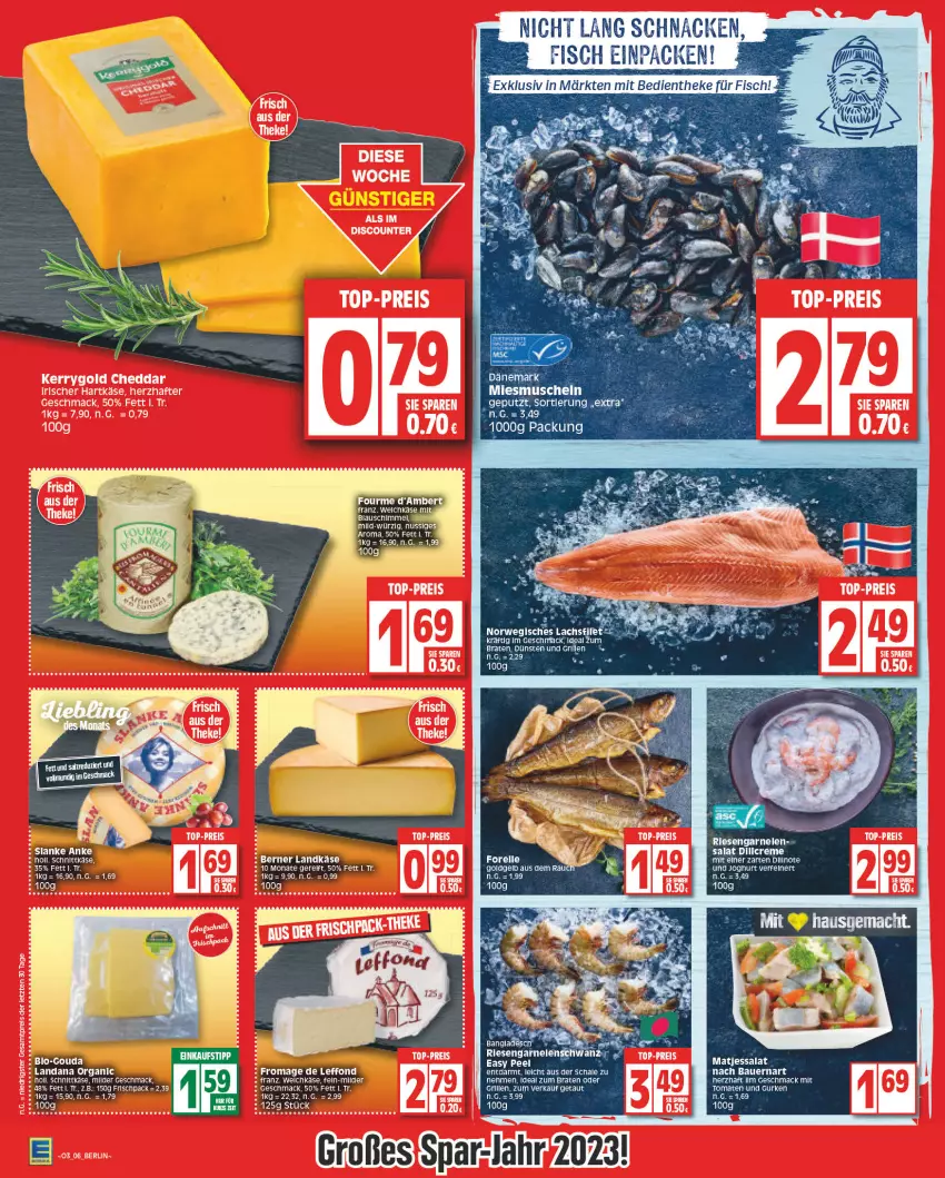 Aktueller Prospekt Edeka - Angebote der Woche - von 09.01 bis 14.01.2023 - strona 6 - produkty: auer, Bau, Bauer, braten, cheddar, discount, eis, elle, forelle, garnelen, grill, gurke, gurken, HP, ideal zum braten, joghur, joghurt, Käse, kerrygold, mac, matjes, nuss, reis, rel, Ria, riesengarnelen, salat, schnittkäse, tee, tomate, tomaten, top-preis