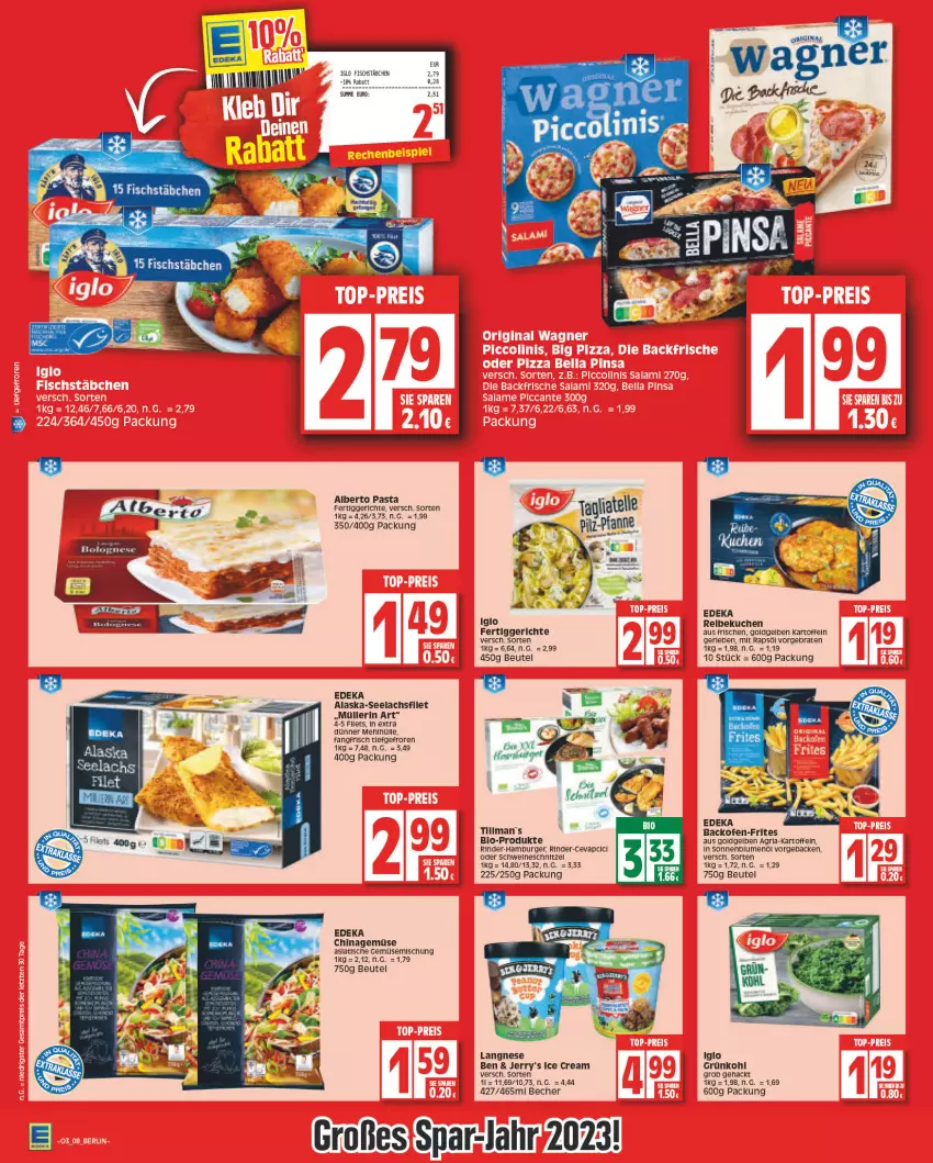 Aktueller Prospekt Edeka - Angebote der Woche - von 09.01 bis 14.01.2023 - strona 8 - produkty: Alaska-Seelachs, Alaska-Seelachsfilet, backofen, Becher, beutel, bio, blume, blumen, blumenöl, braten, burger, cevapcici, deka, fertiggericht, fertiggerichte, filet, fisch, fischstäbchen, geback, hamburger, iglo, kartoffel, kartoffeln, kuchen, lachs, lachsfilet, langnese, Müller, müllerin art, Ofen, pasta, rapsöl, rind, rinder, schnitzel, seelachsfilet, sonnenblume, sonnenblumen, sonnenblumenöl, Ti, Tillman's, tisch