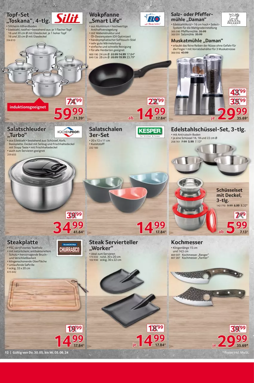 Aktueller Prospekt Selgros - Non Food - von 30.05 bis 05.06.2024 - strona 12 - produkty: Behälter, decke, Deckel, edelstahl, elle, Glasdeckel, herdarten, Holz, korb, kuchen, latte, Laufen, LG, messer, Muskatmühle, pfeffer, Pfeffermühle, Reinigung, saft, salat, salz, Salzmühle, schüssel, steak, tee, teller, Ti, tisch, topf