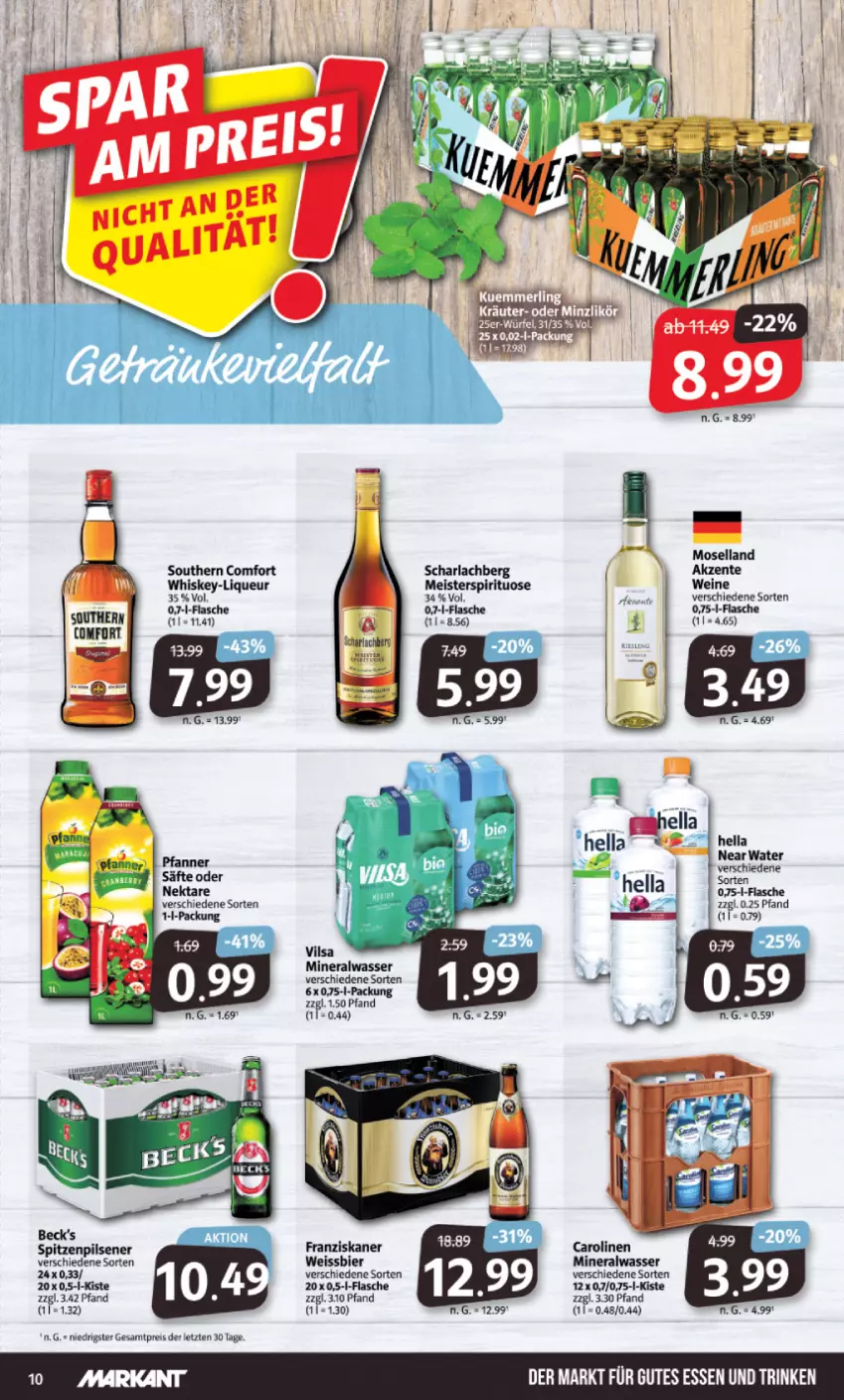 Aktueller Prospekt Markant - Prospekte - von 07.11 bis 12.11.2022 - strona 10 - produkty: Alwa, arla, bier, eis, ente, flasche, franziskaner, gutes essen, hella, liqueur, Meister, mineralwasser, moselland, Nektar, pfanne, Pfanner, pils, pilsener, reis, säfte, Southern Comfort, vilsa, wasser, wein, weine, weissbier, whiskey, ZTE