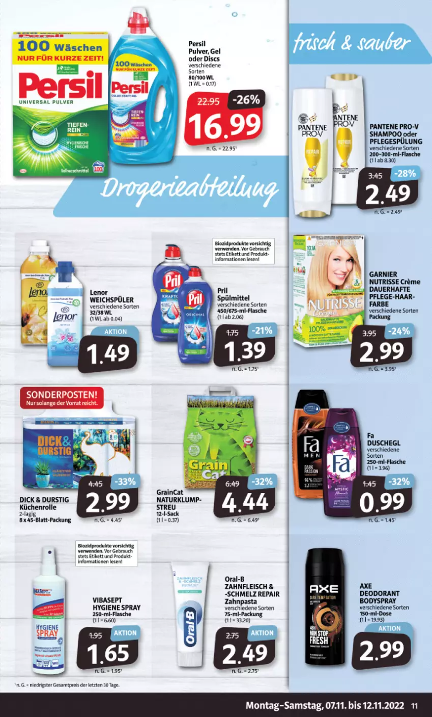 Aktueller Prospekt Markant - Prospekte - von 07.11 bis 12.11.2022 - strona 11 - produkty: auer, axe, bio, biozidprodukte, body, bodyspray, creme, deo, deodorant, dusche, eis, flasche, fleisch, garnier, küche, Küchen, küchenrolle, lenor, lenor weichspüler, natur, Nutrisse, oral-b, pantene, pantene pro-v, pasta, persil, Pflegespülung, pril, pro-v, Rauch, reis, rwe, sac, shampoo, sonderposten, spülmittel, spülung, tee, Ti, weichspüler, zahnpasta, ZTE