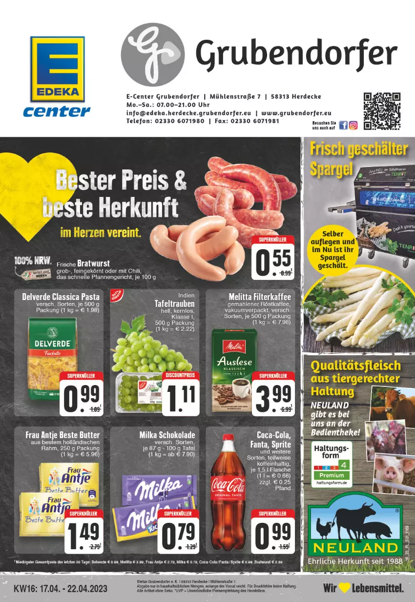 Aktueller Prospekt E Center - Angebote der Woche - von 10.04 bis 15.04.2023 - strona 1 - produkty: beste butter, bratwurst, butter, chili, decke, deka, eis, elle, ente, erde, fanta, filterkaffee, flasche, frau antje, gin, kaffee, Kette, lebensmittel, melitta, milka, milka schokolade, pasta, pfanne, pfannen, reis, röstkaffee, schoko, schokolade, tafeltrauben, telefon, teller, Ti, trauben, uhr, wurst