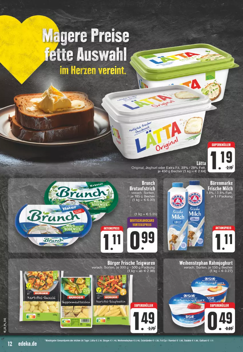 Aktueller Prospekt E Center - Angebote der Woche - von 10.04 bis 15.04.2023 - strona 12 - produkty: aktionspreis, aufstrich, Becher, brot, brotaufstrich, deka, eier, eis, fol epi, frische milch, galbani, gin, grünländer, joghur, joghurt, lätta, milch, rahmjoghurt, reis, teigwaren, Ti, weihenstephan, ZTE