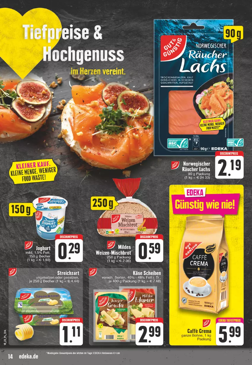 Aktueller Prospekt E Center - Angebote der Woche - von 10.04 bis 15.04.2023 - strona 14 - produkty: Becher, deka, discount, eis, gouda, joghur, joghurt, Käse, lachs, leine, reis, salz, schnitten, Streichzart, tee, Ti