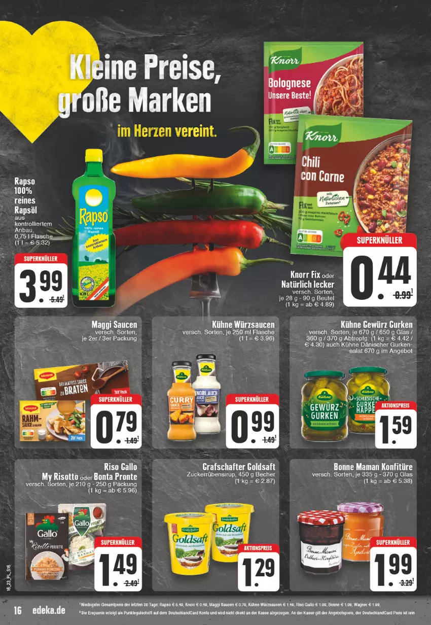 Aktueller Prospekt E Center - Angebote der Woche - von 10.04 bis 15.04.2023 - strona 16 - produkty: aktionspreis, angebot, angebotspreis, Bau, Becher, bonne maman, cin, deka, deutschlandcard, eis, ente, flasche, gallo, goldsaft, grafschafter, gurke, gurken, knorr, knorr fix, konfitüre, Kühne, LG, maggi, mam, rapsöl, reis, saft, salat, sauce, saucen, sirup, tee, Ti, trolli, Wild, würzsauce, würzsaucen, zucker