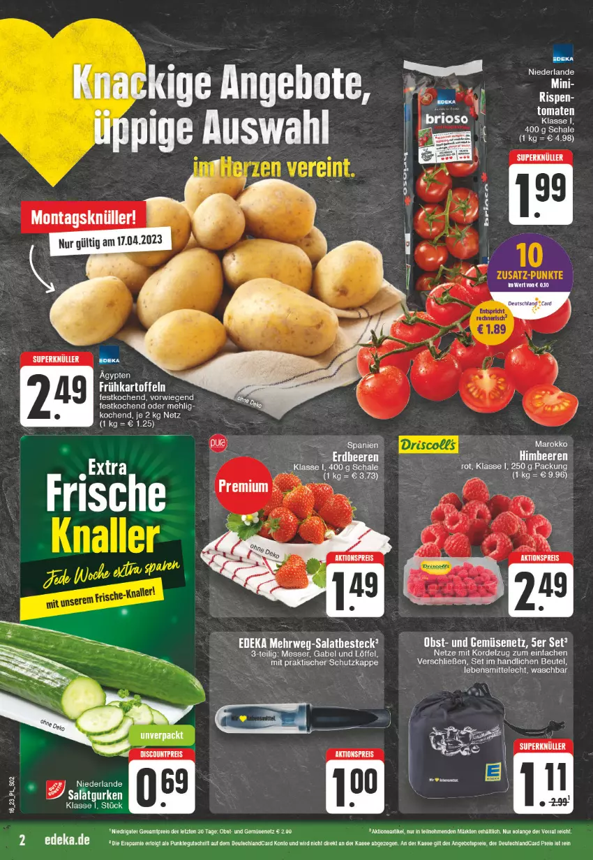 Aktueller Prospekt E Center - Angebote der Woche - von 10.04 bis 15.04.2023 - strona 2 - produkty: aktionspreis, angebot, angebote, angebotspreis, beere, beeren, beutel, brut, deutschlandcard, discount, eier, eis, gabel, himbeer, himbeere, himbeeren, lebensmittel, LG, Löffel, mehl, messer, obst, reis, Schal, Schale, tee, Ti, und gemüse