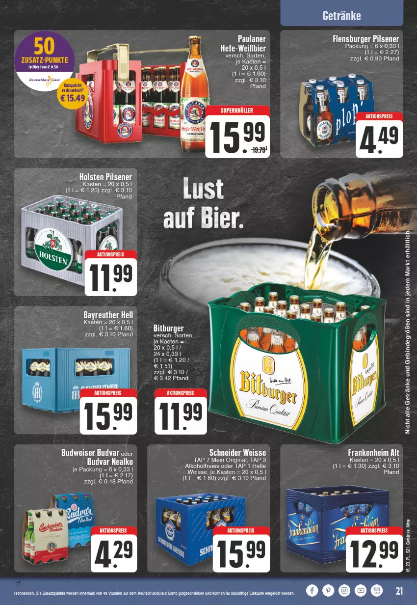 Aktueller Prospekt E Center - Angebote der Woche - von 10.04 bis 15.04.2023 - strona 21 - produkty: alkohol, budweiser, burger, eier, eis, elle, ente, erde, flensburger, getränk, getränke, gin, holsten, holsten pilsener, LG, Paula, paulaner, pils, pilsener, Ti