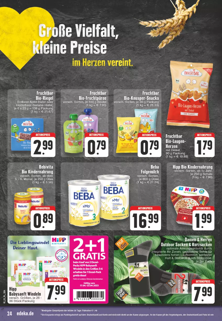 Aktueller Prospekt E Center - Angebote der Woche - von 10.04 bis 15.04.2023 - strona 24 - produkty: aktionspreis, apfel, banane, Beba, bebivita, beutel, bio, deka, eis, elle, ente, erde, hafer, hipp, Kinder, Kindernahrung, leine, LG, reis, riegel, Schal, Schale, snack, snacks, socken, tee, teller, Ti, vita, windeln