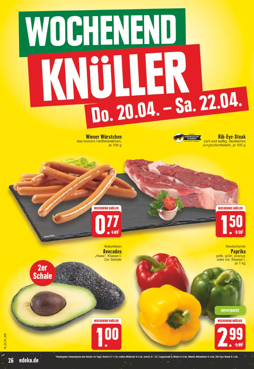 Aktueller Prospekt E Center - Angebote der Woche - von 10.04 bis 15.04.2023 - strona 26 - produkty: avocado, avocados, eis, fleisch, jungbullen, orange, paprika, saft, Schal, Schale, steak, Ti, wiener, wiener würstchen, würstchen