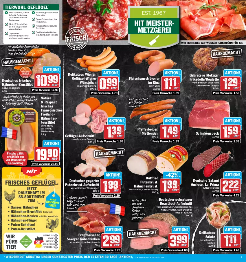 Aktueller Prospekt Hit - Prospekte - von 05.06 bis 10.06.2023 - strona 5 - produkty: auer, aufschnitt, Bau, Bauer, beef, bio, braten, brustfilet, chili, dell, eis, elle, ente, filet, fleisch, fleischwurst, Geflügel, gutfried, hähnchen-brustfilet, hähnchenbrust, hähnchenbrustfilet, im zarten saitling, jungbullen, kräuter, lyoner, mac, Meister, Mett, metten, Mettenden, monitor, mortadella, natur, nuss, pfeffer, Pfefferbeißer, pflanze, pflanzen, pute, putenbrust, reis, Ria, rind, ring, roastbeef, rohschinken, saft, salami, salat, salate, schinken, schinkenspeck, schnitzel, schwein, senf, Speck, spitzenqualität, Ti, Tiere, tisch, wein, wiener, wiener würstchen, wurst, würstchen, Yo, ZTE, zwiebel