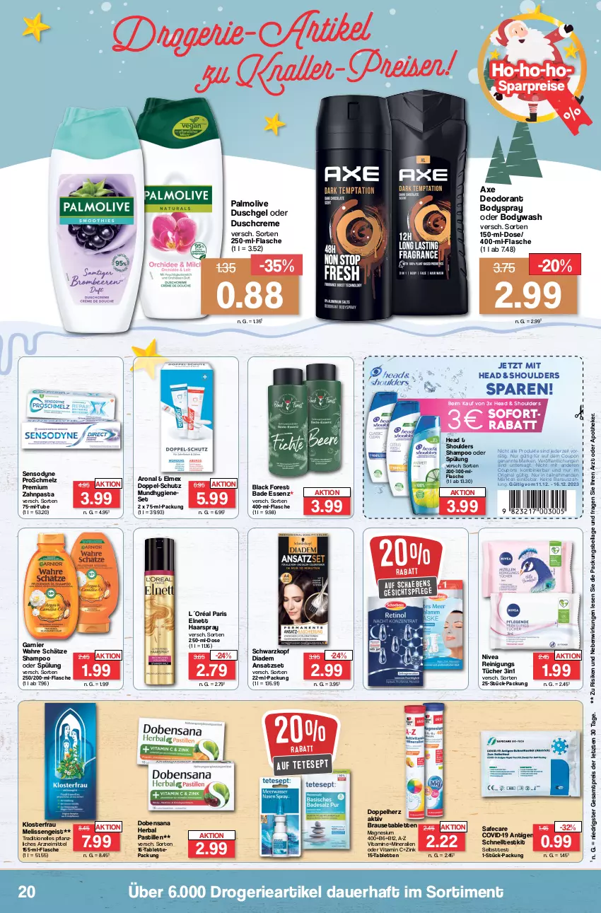 Aktueller Prospekt Famila - Prospekte - von 11.12 bis 16.12.2023 - strona 20 - produkty: Apotheke, asti, auer, axe, Bad, black forest, body, bodyspray, brause, Brausetabletten, coupon, coupons, creme, deo, deodorant, diadem, doppelherz, drogerie-artikel, duschcreme, duschgel, eis, elle, elmex, elnett, flasche, garnier, gesichtspflege, gin, haarspray, ilag, L´Oréal, lack, magnesium, magnesium 400, Mundhygiene, nivea, olive, palmolive, pasta, Reinigung, reis, sana, Schaebens, Schnelltest, schwarzkop, schwarzkopf, sensodyne, shampoo, shampoo oder spülung, sofortrabatt, spülung, tablet, tablett, Tablette, Ti, tücher, vita, Vitamin C, Vitamine, Wahre Schätze, zahnpasta, ZTE