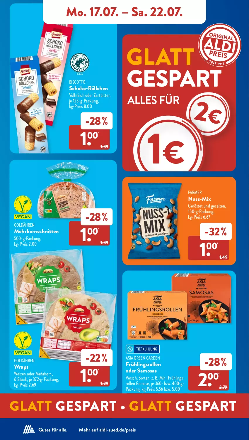 Aktueller Prospekt AldiSud - NÄCHSTE WOCHE - von 17.07 bis 22.07.2023 - strona 10 - produkty: aldi, Asia Green Garden, biscotto, eis, korn, milch, nuss, reis, salz, schnitten, schoko, Ti, vollmilch, wrap, wraps