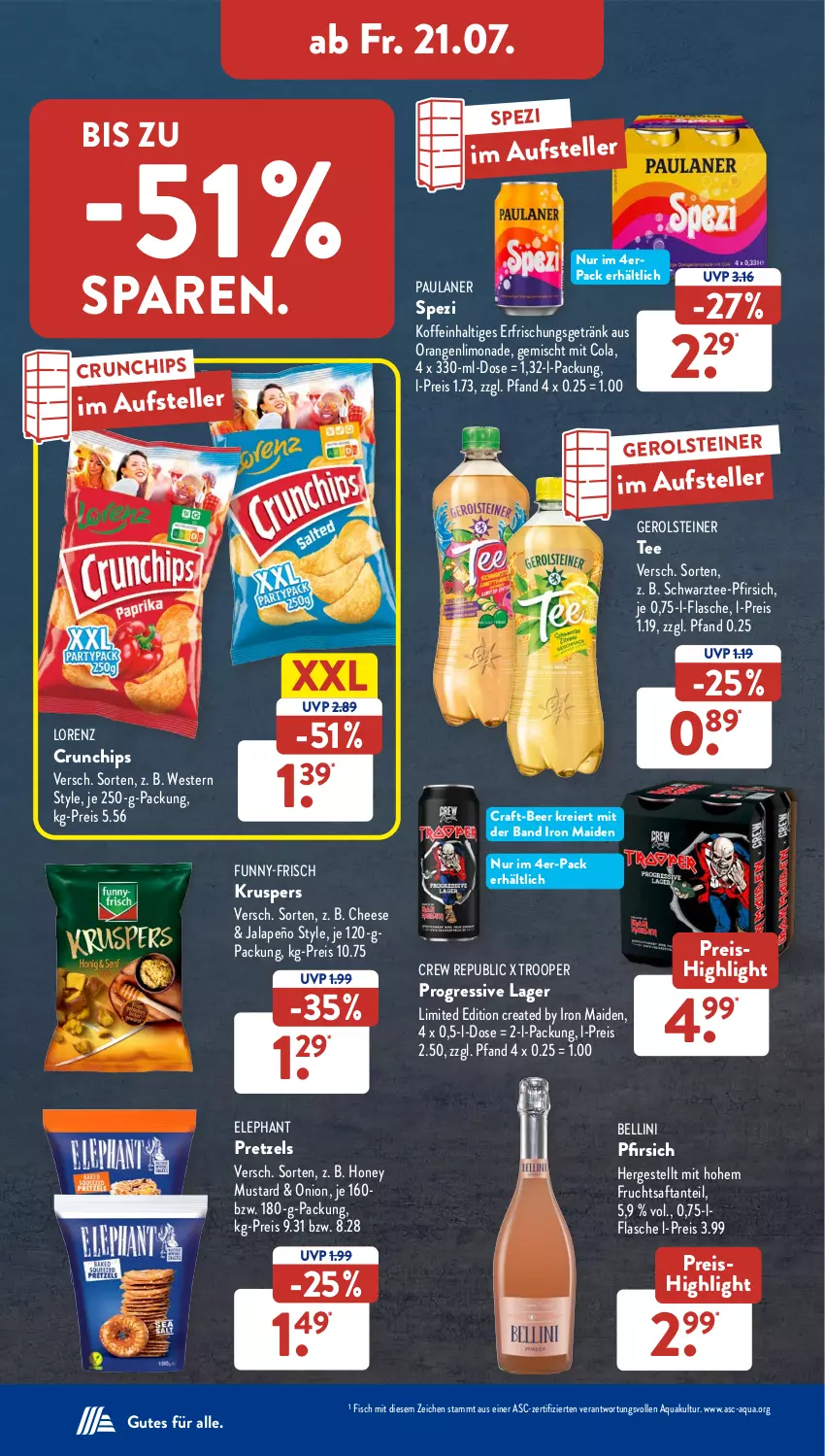 Aktueller Prospekt AldiSud - NÄCHSTE WOCHE - von 17.07 bis 22.07.2023 - strona 28 - produkty: aqua, chips, cola, crunchips, eier, eis, elle, erfrischungsgetränk, fisch, flasche, frucht, fruchtsaft, funny-frisch, gerolsteine, gerolsteiner, getränk, honey mustard, jalapeño, je 250-g-packung, limo, limonade, lorenz, lorenz crunchips, orange, orangen, Paula, paulaner, pfirsich, Pretzel, reis, saft, Spezi, steiner, tee, teller, Ti, Weste, ZTE