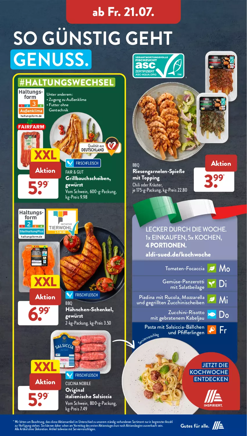 Aktueller Prospekt AldiSud - NÄCHSTE WOCHE - von 17.07 bis 22.07.2023 - strona 29 - produkty: ACC, aldi, alle artikel ohne dekoration, Bau, bauchscheiben, bier, braten, chili, cin, cola, decke, dekoration, eis, ente, fleisch, Focaccia, garnelen, Garnelen-Spieße, gewürz, gin, grill, Grillbauch, gsw, hähnchen-schenkel, henkel, ilag, kräuter, mozzarella, oder kräuter, pasta, reis, rel, riesengarnelen, risotto, rucola, salat, salsiccia, schenkel, schwein, Ti, tomate, tomaten, wein, ZTE, zucchini