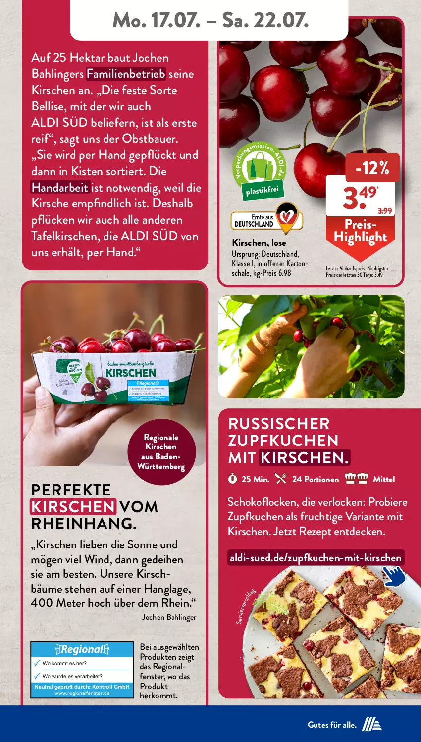 Aktueller Prospekt AldiSud - NÄCHSTE WOCHE - von 17.07 bis 22.07.2023 - strona 39 - produkty: aldi, asti, auer, Bad, Bau, Bauer, bier, Biere, decke, eis, fenster, frucht, kirsch, kirsche, kirschen, kuchen, obst, reis, rezept, Ria, Schal, Schale, schoko, Ti, ZTE