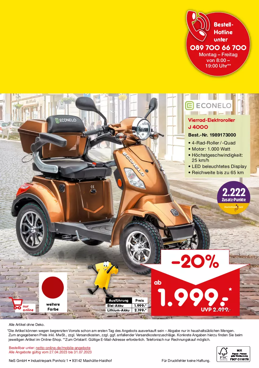 Aktueller Prospekt Netto Marken-Discount - Online-SonderangeboteMobilität - von 27.04 bis 31.07.2023 - strona 12 - produkty: akku, angebot, angebote, eis, Elektro, Holz, Leuchte, ndk, quad, reis, Roller, telefon, Ti, uhr, ZTE