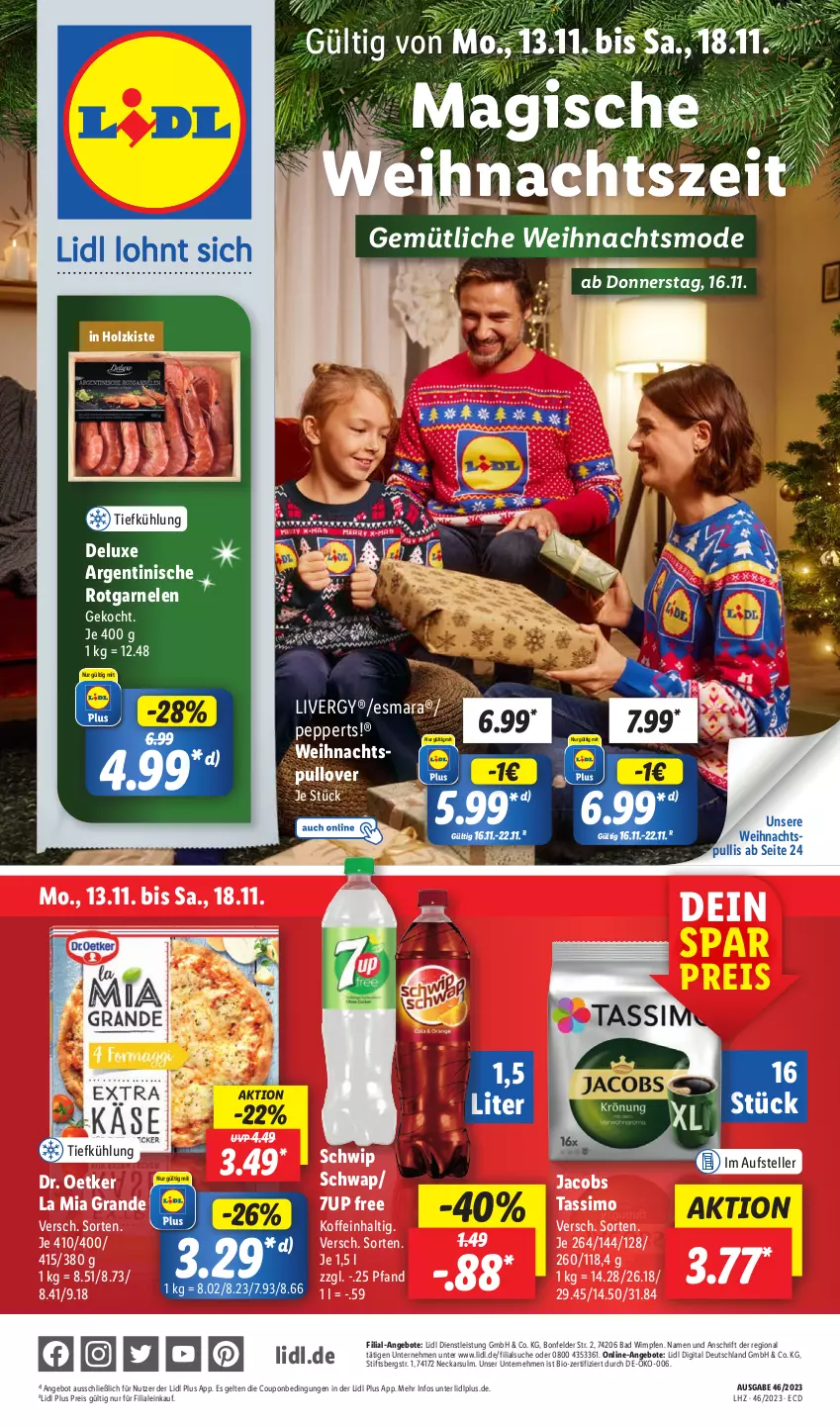 Aktueller Prospekt Lidl - Aktionsprospekt - von 13.11 bis 18.11.2023 - strona 1 - produkty: 7UP, angebot, angebote, Bad, bio, coupon, Dr. Oetker, eis, elle, esmara, garnelen, Holz, jacobs, jacobs tassimo, livergy, Mode, preisvorteil, Pulli, Pullover, reis, Schwip Schwap, sim, tassimo, teller, Ti