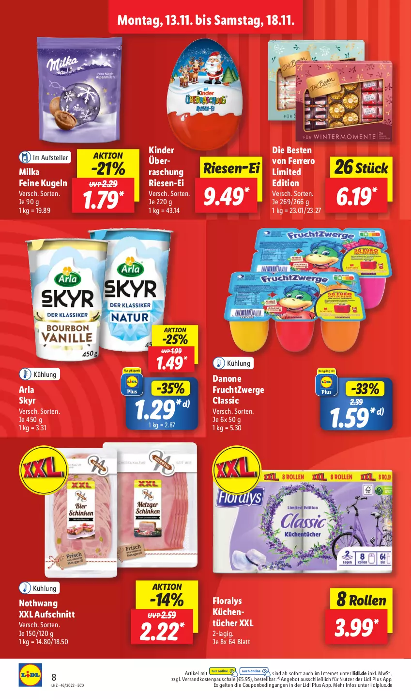 Aktueller Prospekt Lidl - Aktionsprospekt - von 13.11 bis 18.11.2023 - strona 10 - produkty: angebot, arla, arla skyr, aufschnitt, coupon, danone, danone fruchtzwerge, elle, ferrero, Floralys, frucht, fruchtzwerge, Kinder, küche, Küchen, Kugel, milka, ndk, Schal, Schale, Skyr, teller, Ti, tücher